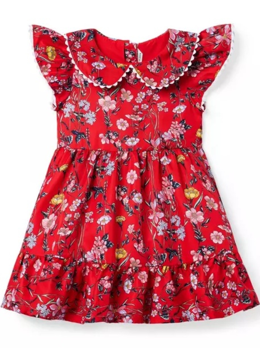 Janie and Jack Girl’s Red Floral Collared Dress Sz 3 Peter Pan Scalloped Collar